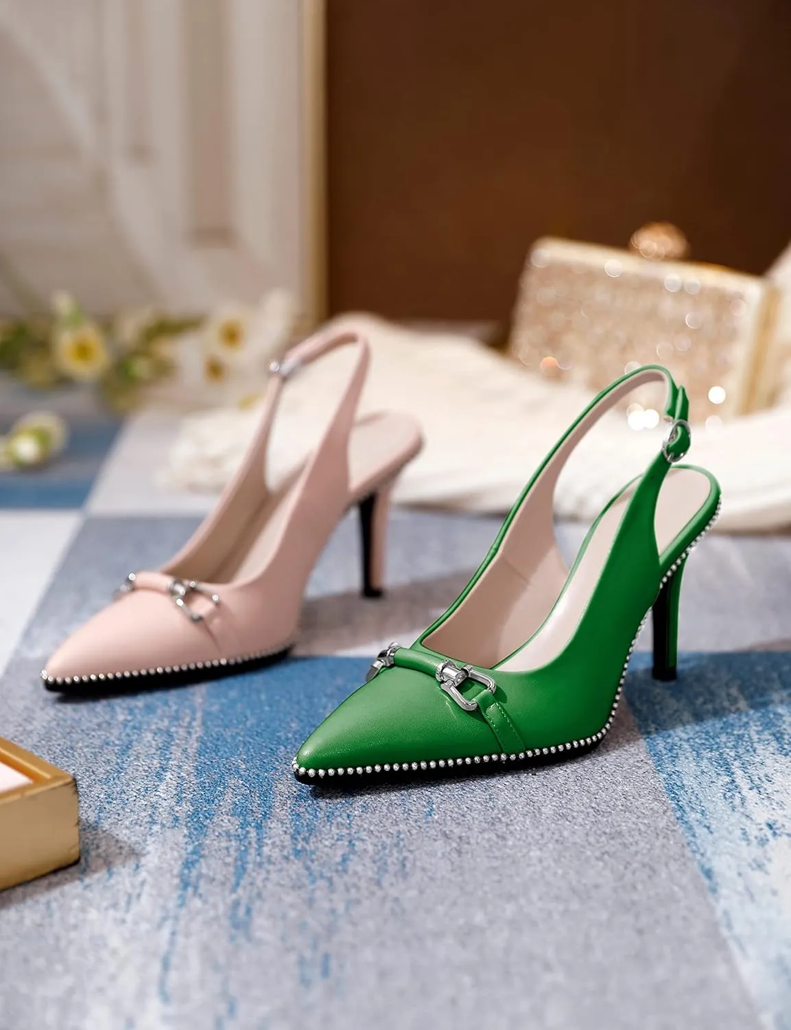 AUMOTED Women Beaded Pumps Slingback High Heel Stilettos Pointed Toe Shoes Slip On 3.5 Inch Ankle Strap Adjustable Patent Leather US Size 5-13