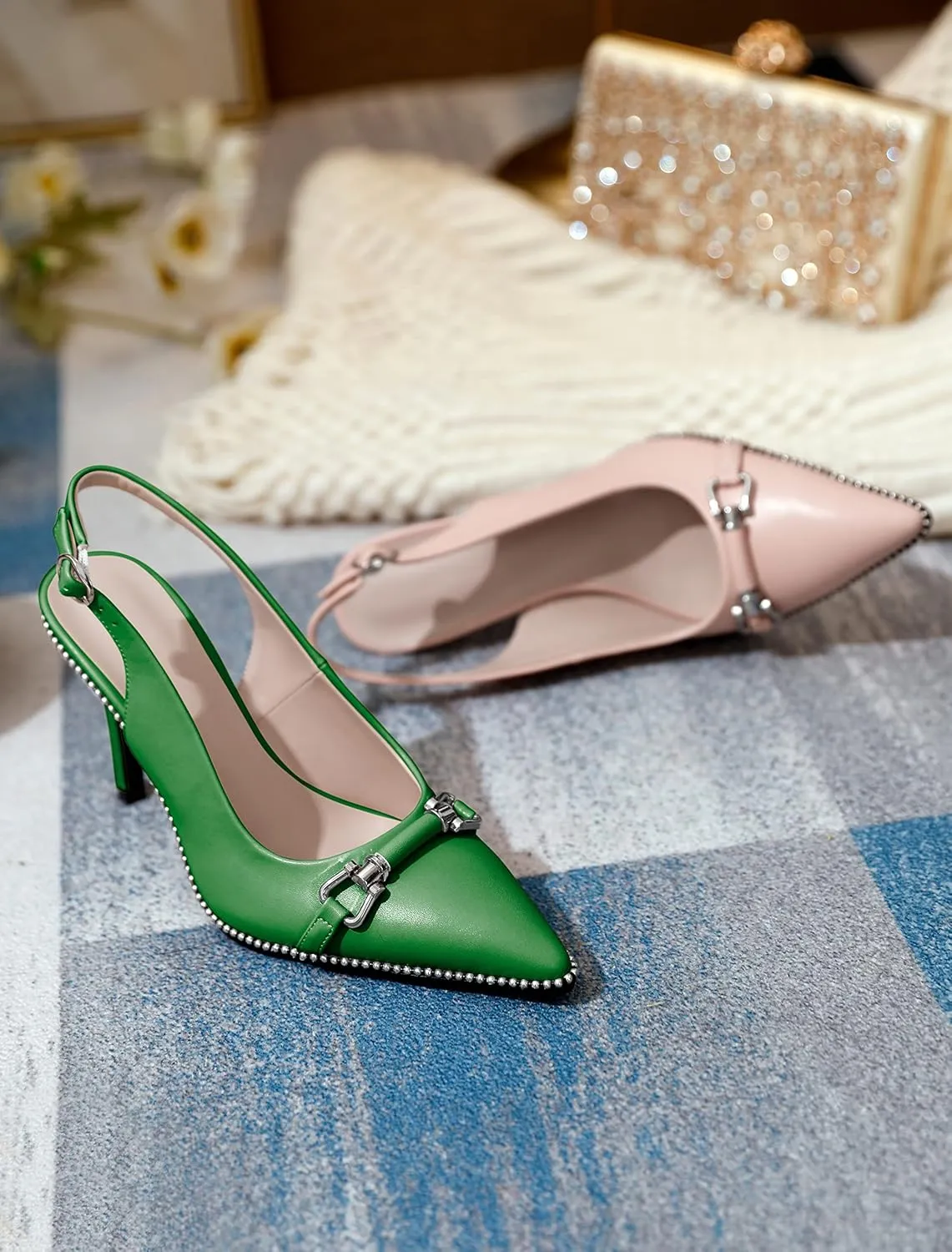 AUMOTED Women Beaded Pumps Slingback High Heel Stilettos Pointed Toe Shoes Slip On 3.5 Inch Ankle Strap Adjustable Patent Leather US Size 5-13