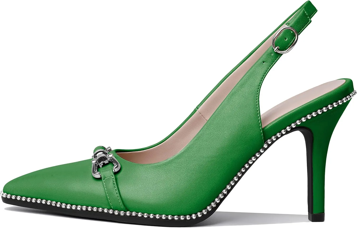 AUMOTED Women Beaded Pumps Slingback High Heel Stilettos Pointed Toe Shoes Slip On 3.5 Inch Ankle Strap Adjustable Patent Leather US Size 5-13