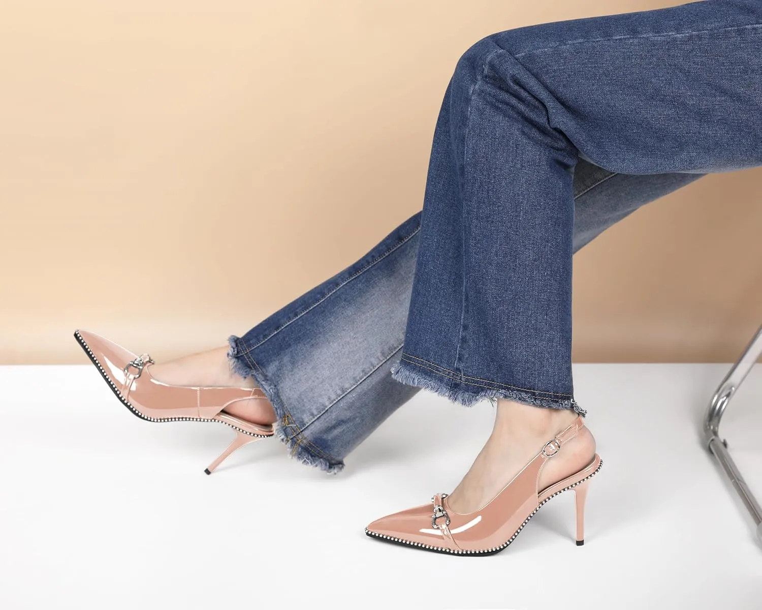 AUMOTED Women Beaded Pumps Slingback High Heel Stilettos Pointed Toe Shoes Slip On 3.5 Inch Ankle Strap Adjustable Patent Leather US Size 5-13
