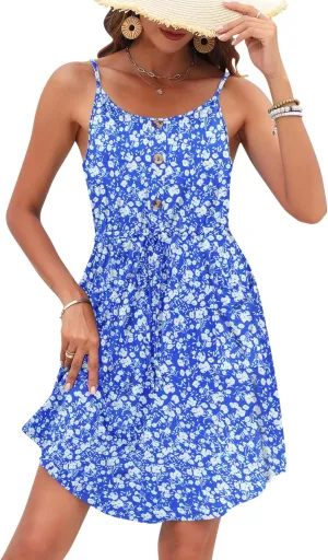 AUSELILY Womens Summer Dresses 2025 Adjustable Spaghetti Strap Sundress Drawstring Waist Beach Cover Ups with Pockets