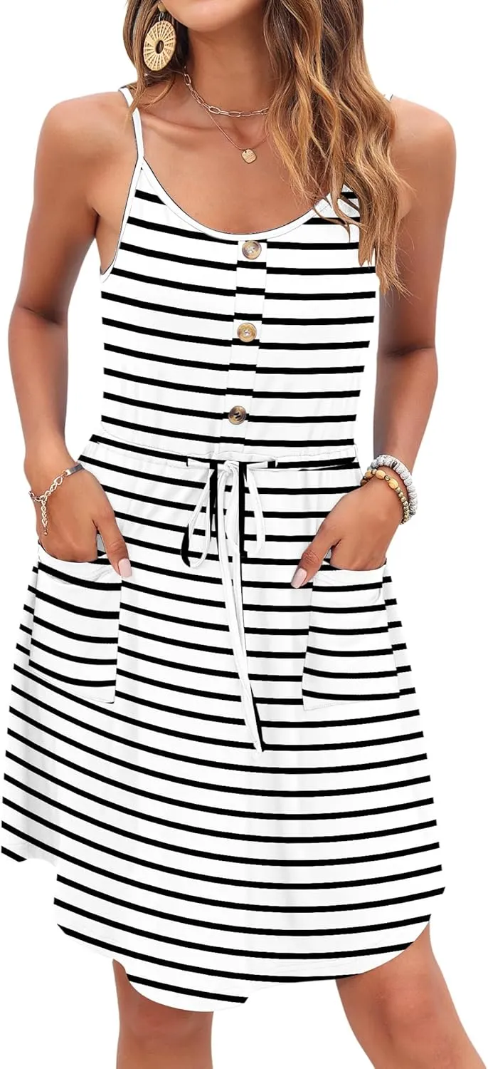 AUSELILY Womens Summer Dresses 2025 Adjustable Spaghetti Strap Sundress Drawstring Waist Beach Cover Ups with Pockets