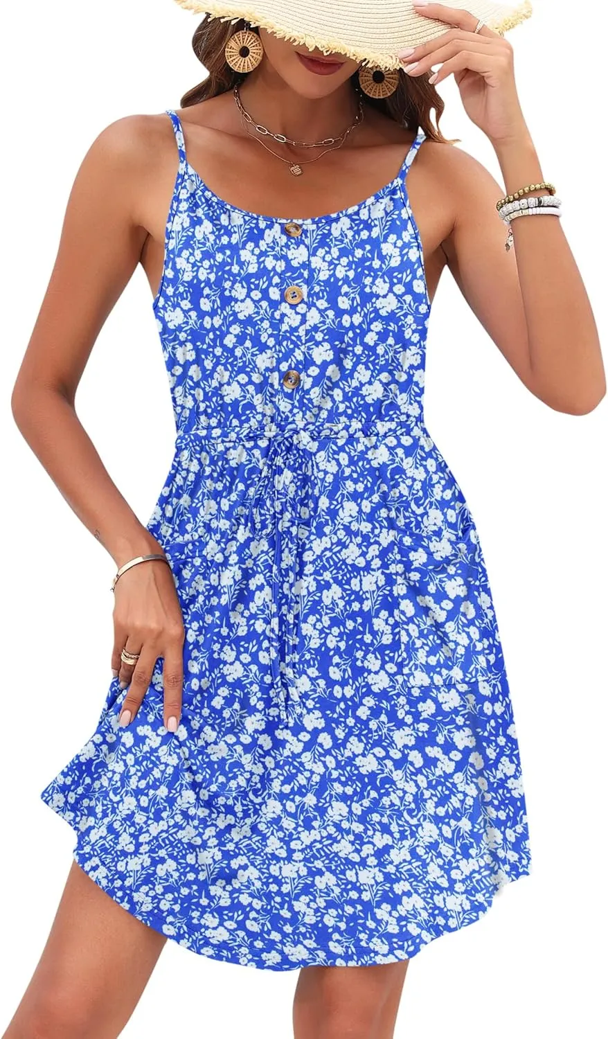 AUSELILY Womens Summer Dresses 2025 Adjustable Spaghetti Strap Sundress Drawstring Waist Beach Cover Ups with Pockets