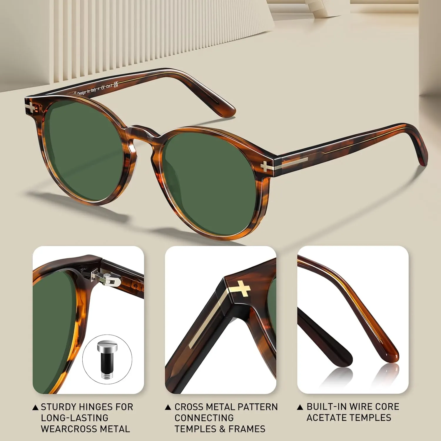 AVAWAY Polarized Sunglasses for Men Round UV Protection, Retro Hand-crafted Frame Gold Filigree Sunnies