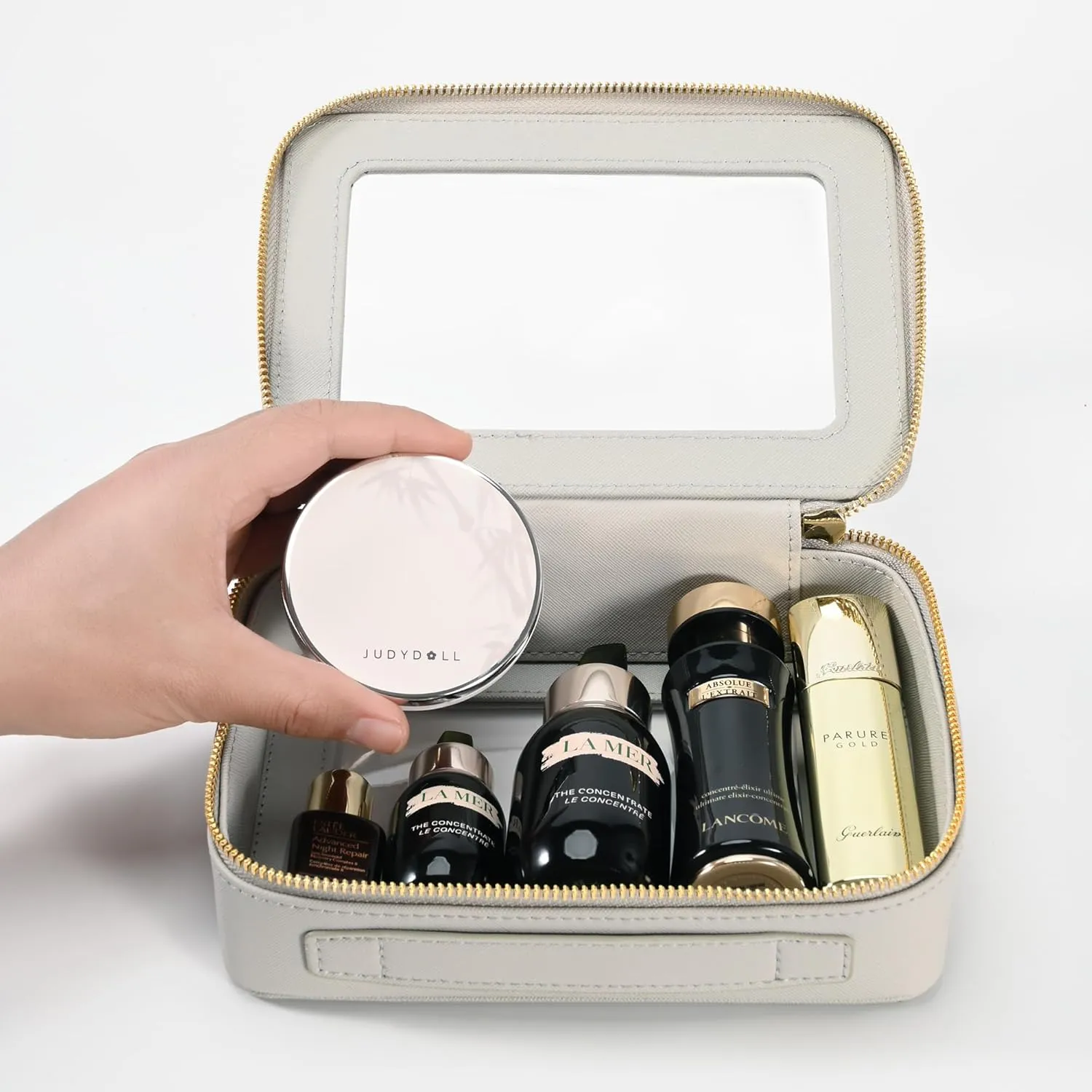 Aveniee Clear Makeup Bag for Women, Clear Cosmetic Case Travel Toiletry Bag, Heavy Duty Makeup Organizer Car Bag for Accessories with Clear Windows & Gold Zippers(Grey,Middle)