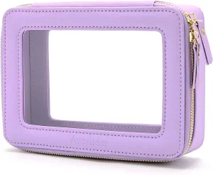 Aveniee Clear Makeup Bag for Women, Clear Cosmetic Case Travel Toiletry Bag, Heavy Duty Makeup Organizer Car Bag with Clear Windows & Gold Zippers(Lilac)