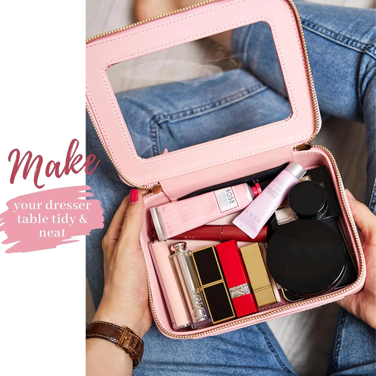 Aveniee Clear Makeup Bag Organizer, Portable Travel Toiletry Cosmetic Bag Case for Women, Heavy Duty Vegan Leather Make Up Pouch Car Bag for Essentials 2pcs(Middle & Large) - Pink