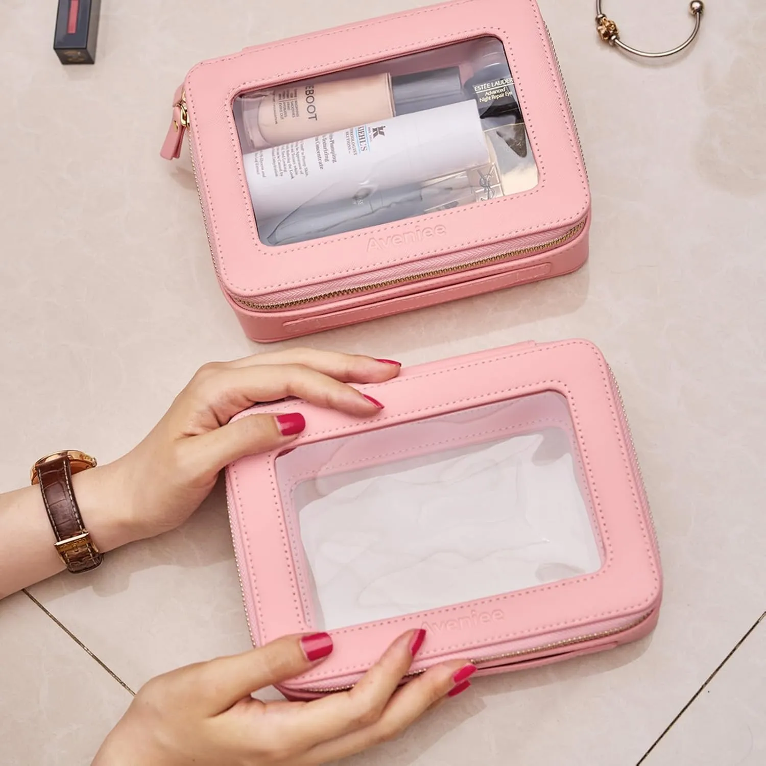 Aveniee Clear Makeup Bag Organizer, Portable Travel Toiletry Cosmetic Bag Case for Women, Heavy Duty Vegan Leather Make Up Pouch Car Bag for Essentials 2pcs(Middle & Large) - Pink