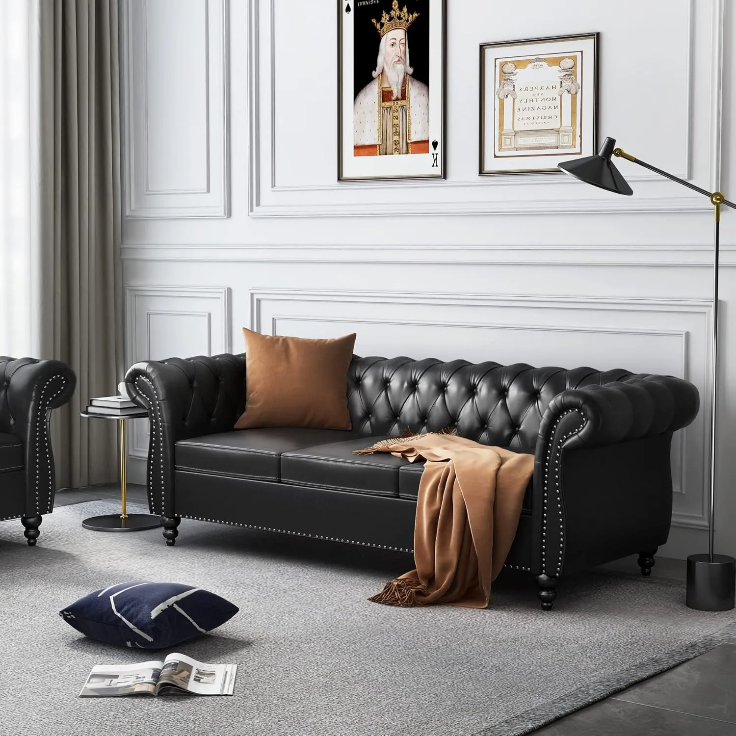 AVZEAR Leather Sofa 3 Seater Couch, Large Sofa Furniture Roll Arm Classic Tufted Chesterfield Settee Leather Sofa with Channel Tufted Seat Back for Living Room, Black PU