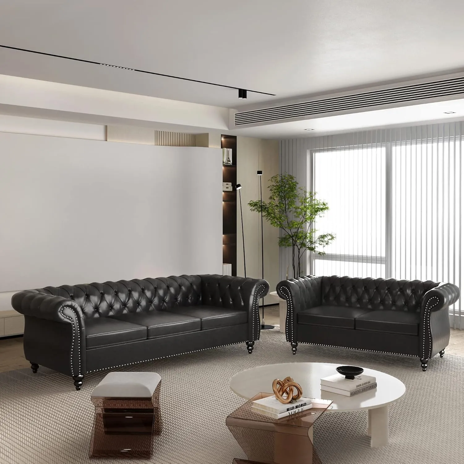 AVZEAR Leather Sofa 3 Seater Couch, Large Sofa Furniture Roll Arm Classic Tufted Chesterfield Settee Leather Sofa with Channel Tufted Seat Back for Living Room, Black PU