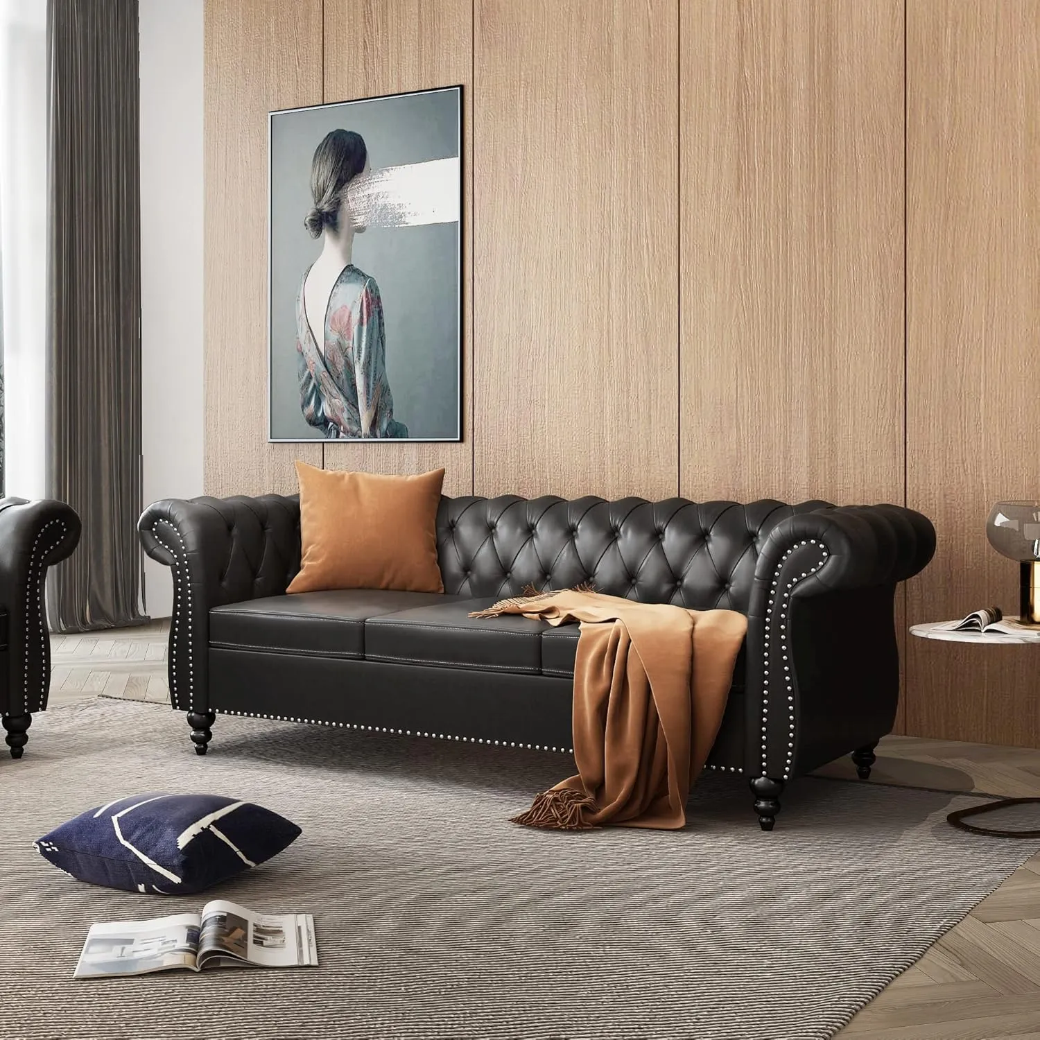 AVZEAR Leather Sofa 3 Seater Couch, Large Sofa Furniture Roll Arm Classic Tufted Chesterfield Settee Leather Sofa with Channel Tufted Seat Back for Living Room, Black PU