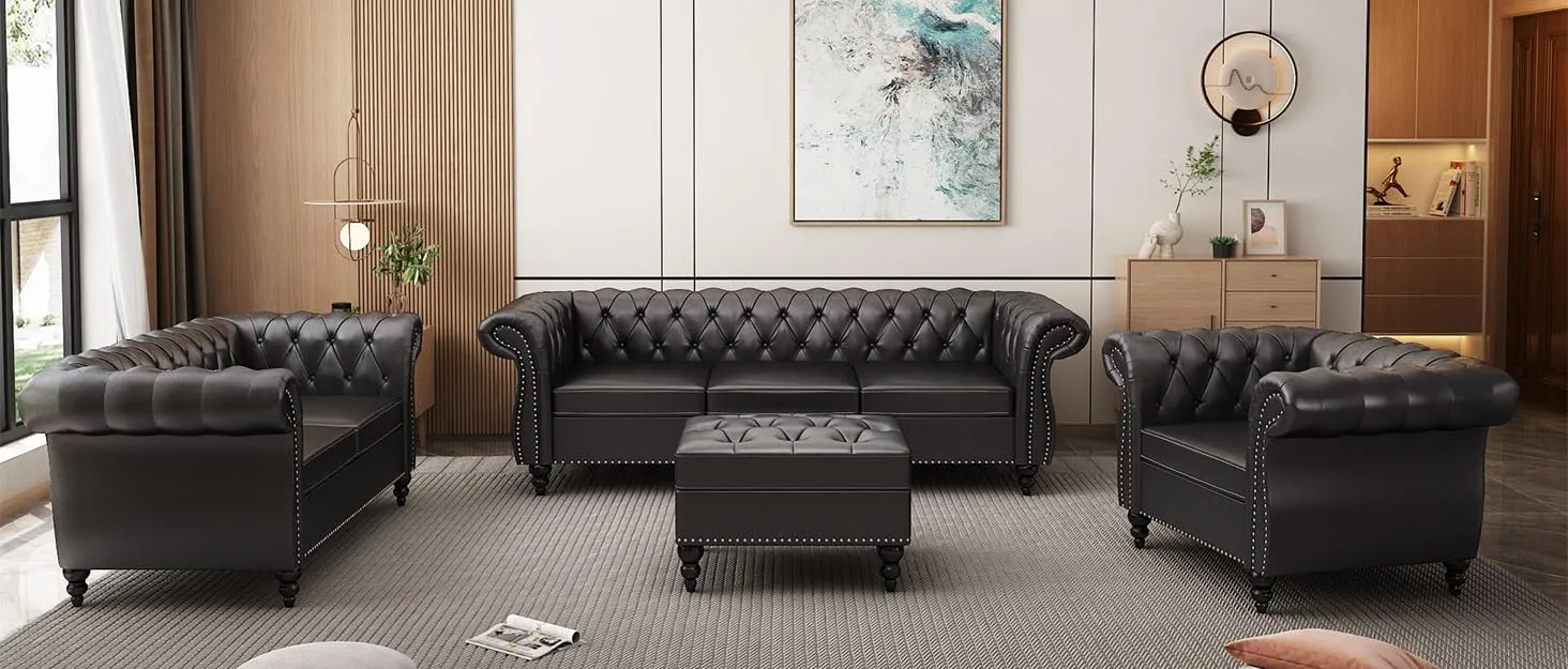 AVZEAR Leather Sofa 3 Seater Couch, Large Sofa Furniture Roll Arm Classic Tufted Chesterfield Settee Leather Sofa with Channel Tufted Seat Back for Living Room, Black PU
