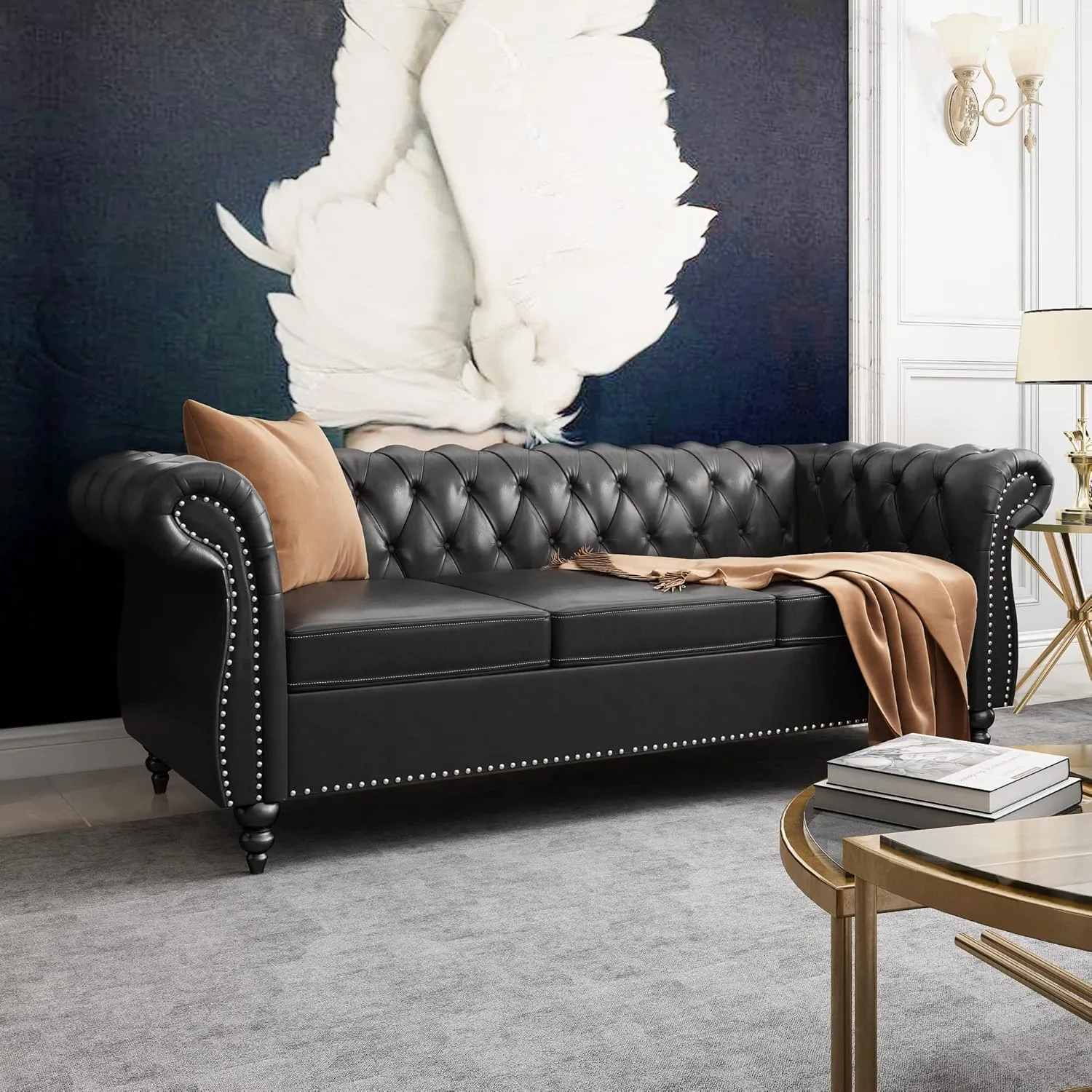 AVZEAR Leather Sofa 3 Seater Couch, Large Sofa Furniture Roll Arm Classic Tufted Chesterfield Settee Leather Sofa with Channel Tufted Seat Back for Living Room, Black PU