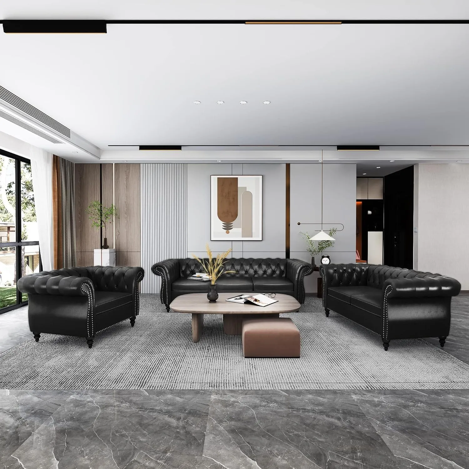AVZEAR Leather Sofa 3 Seater Couch, Large Sofa Furniture Roll Arm Classic Tufted Chesterfield Settee Leather Sofa with Channel Tufted Seat Back for Living Room, Black PU