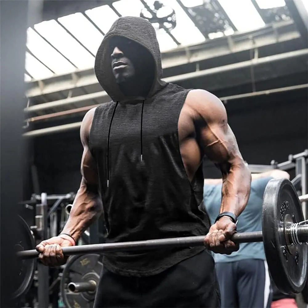 Babioboa Men's Workout Hooded Tank Tops Sports Training Sleeveless Gym Hoodies Bodybuilding Cut Off Muscle Shirts