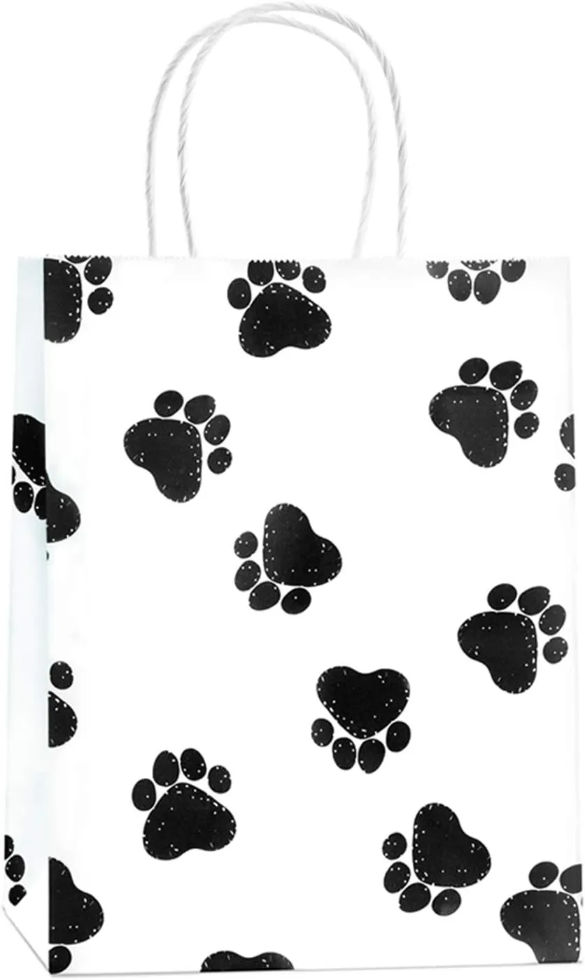 BagDream White Gift Bags 8x4.25x10.5 25Pcs Kraft Paper Gift Bags with Handles, Paw Prints Paper Sacks for Animal Party Favor, Retail, Grocery, Dog's Puppy's Paw