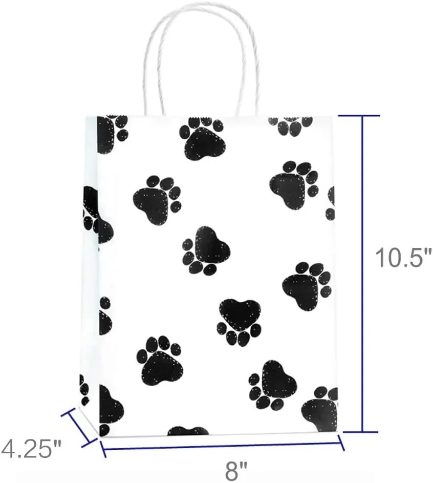 BagDream White Gift Bags 8x4.25x10.5 25Pcs Kraft Paper Gift Bags with Handles, Paw Prints Paper Sacks for Animal Party Favor, Retail, Grocery, Dog's Puppy's Paw