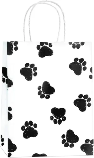 BagDream White Gift Bags 8x4.25x10.5 25Pcs Kraft Paper Gift Bags with Handles, Paw Prints Paper Sacks for Animal Party Favor, Retail, Grocery, Dog's Puppy's Paw