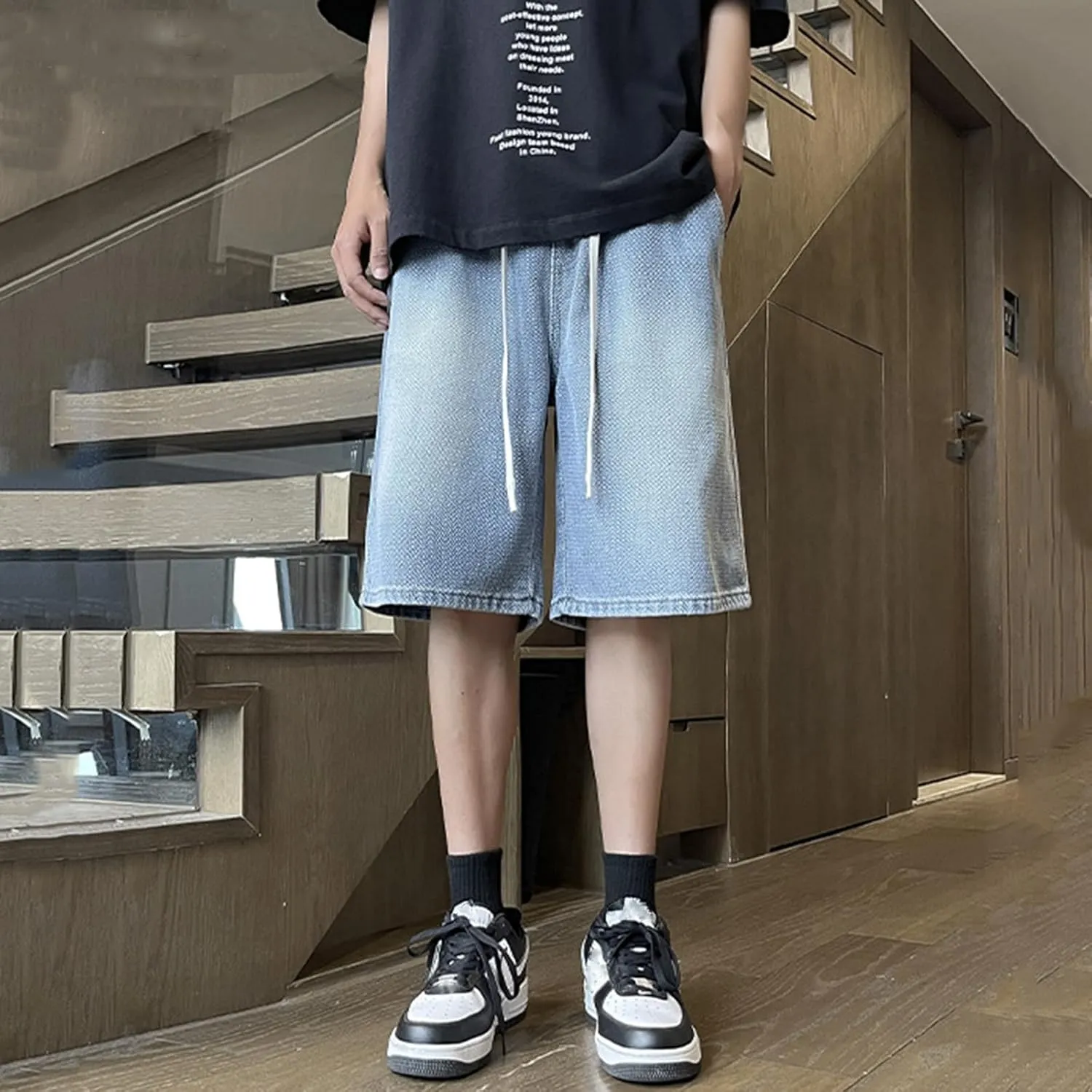 Baggy Jean Shorts for Men Drawstring Elastic Waist Loose Fit Straight Leg Denim Shorts Skater Beach Bermuda Jorts
