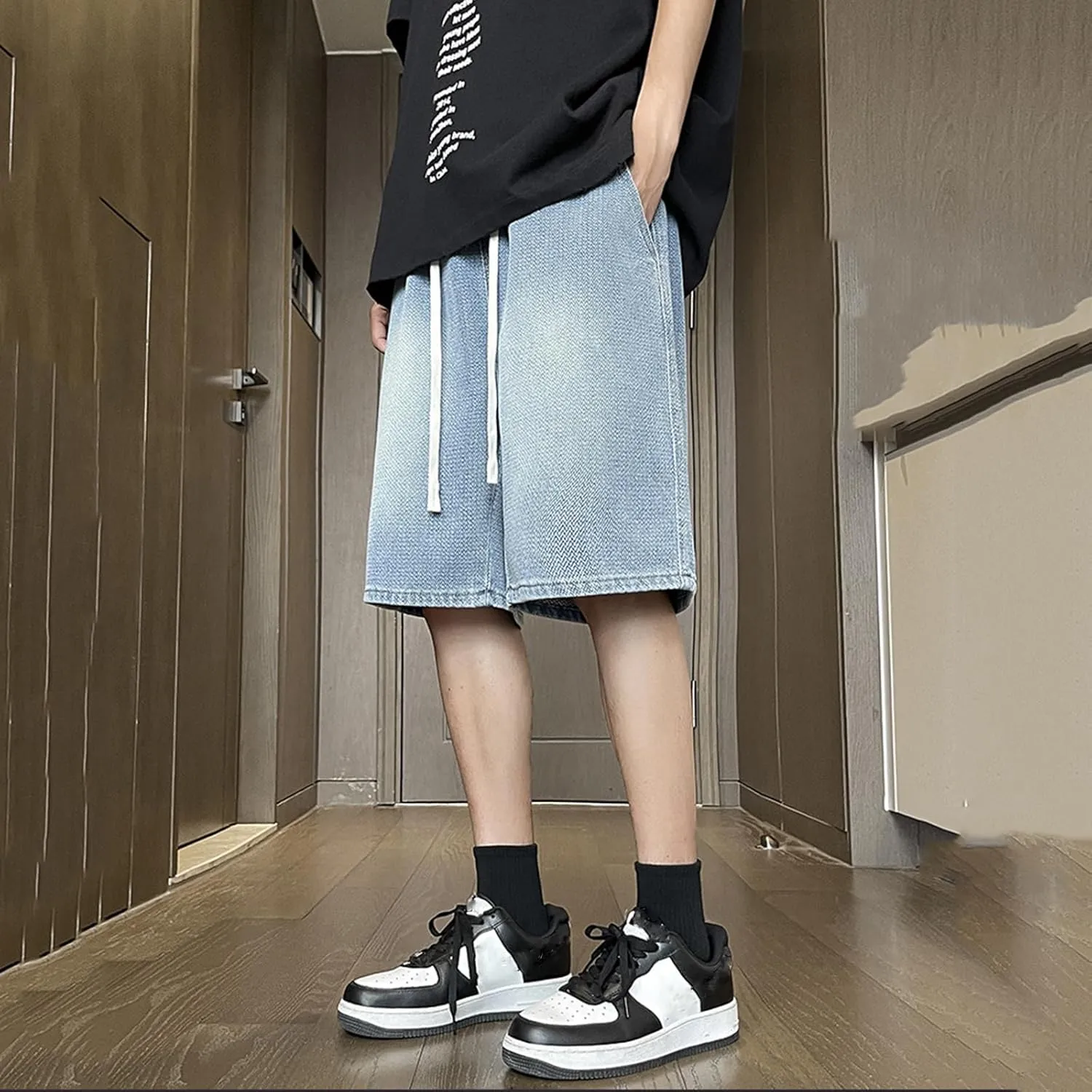 Baggy Jean Shorts for Men Drawstring Elastic Waist Loose Fit Straight Leg Denim Shorts Skater Beach Bermuda Jorts