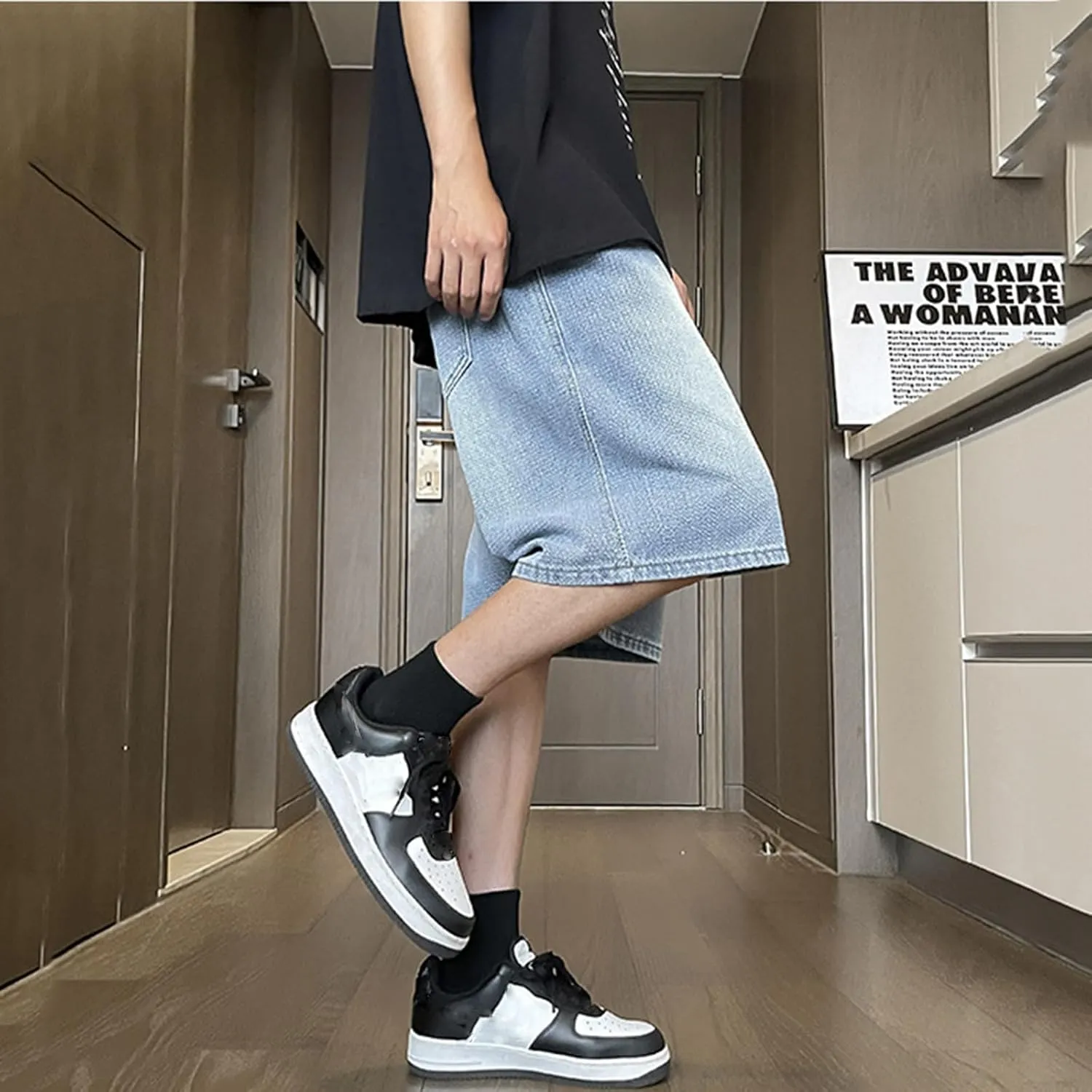 Baggy Jean Shorts for Men Drawstring Elastic Waist Loose Fit Straight Leg Denim Shorts Skater Beach Bermuda Jorts