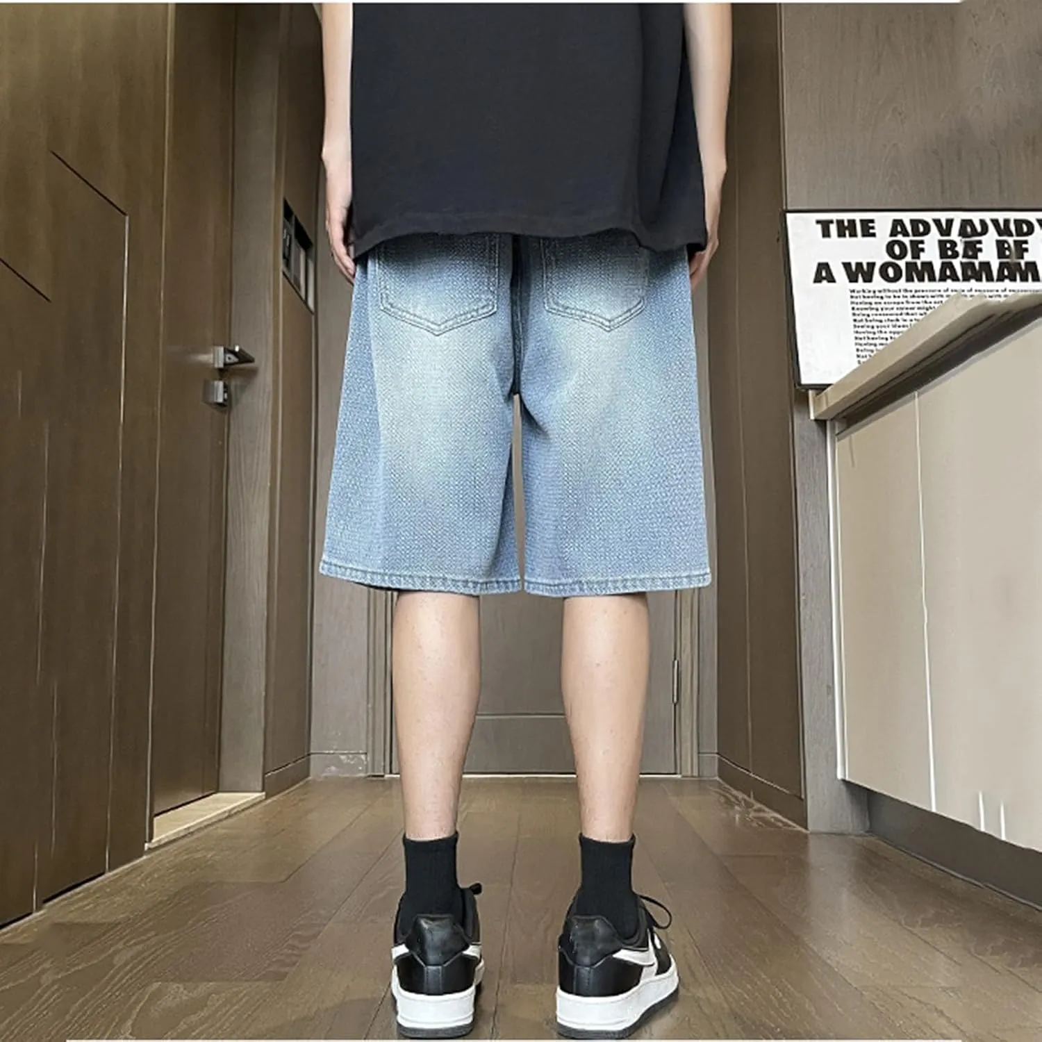 Baggy Jean Shorts for Men Drawstring Elastic Waist Loose Fit Straight Leg Denim Shorts Skater Beach Bermuda Jorts