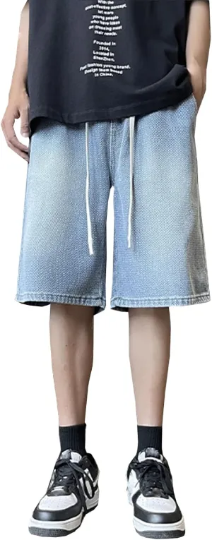 Baggy Jean Shorts for Men Drawstring Elastic Waist Loose Fit Straight Leg Denim Shorts Skater Beach Bermuda Jorts