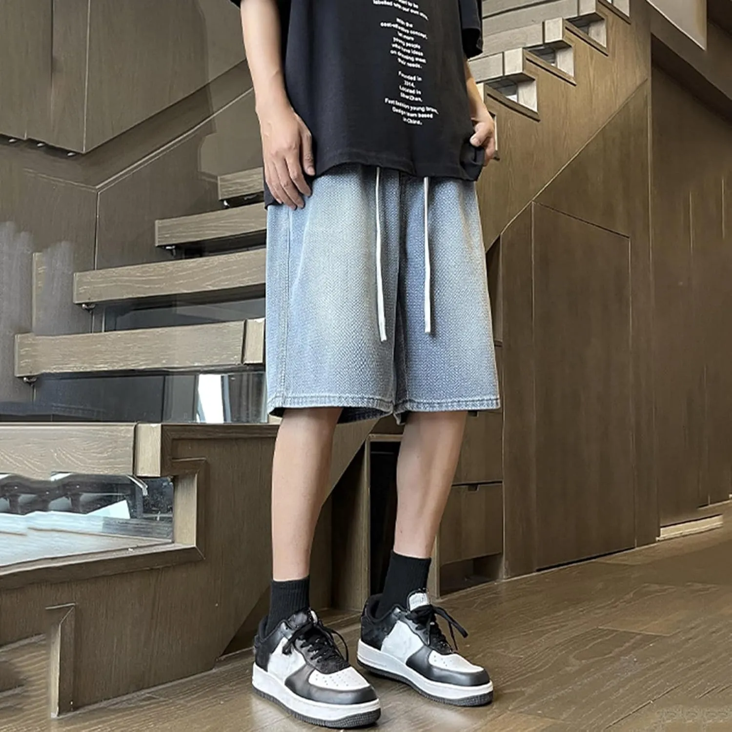 Baggy Jean Shorts for Men Drawstring Elastic Waist Loose Fit Straight Leg Denim Shorts Skater Beach Bermuda Jorts
