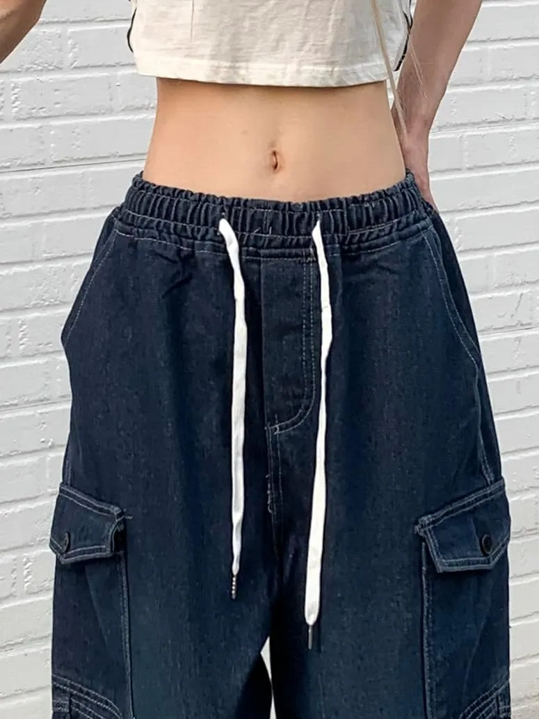 Baggy Jeans for Women High Waist Y2K Boyfriend Casual Loose Wide Leg Drawstring Cargo Pants with Pockets