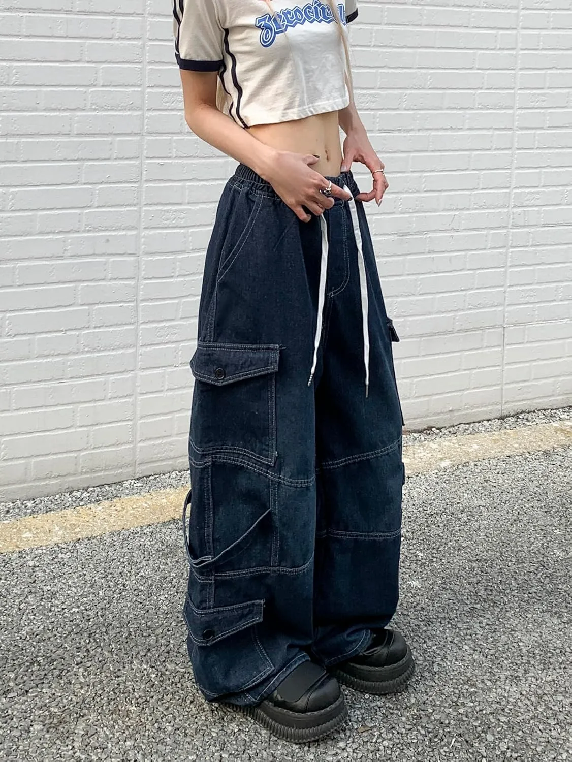 Baggy Jeans for Women High Waist Y2K Boyfriend Casual Loose Wide Leg Drawstring Cargo Pants with Pockets