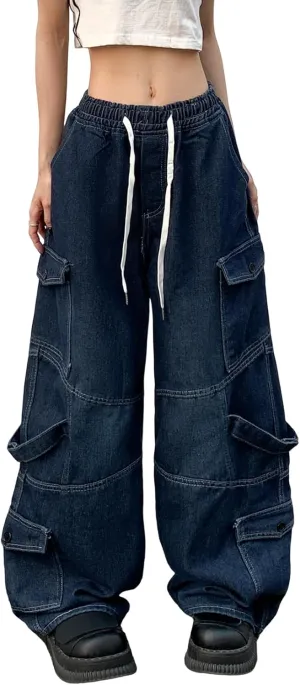 Baggy Jeans for Women High Waist Y2K Boyfriend Casual Loose Wide Leg Drawstring Cargo Pants with Pockets