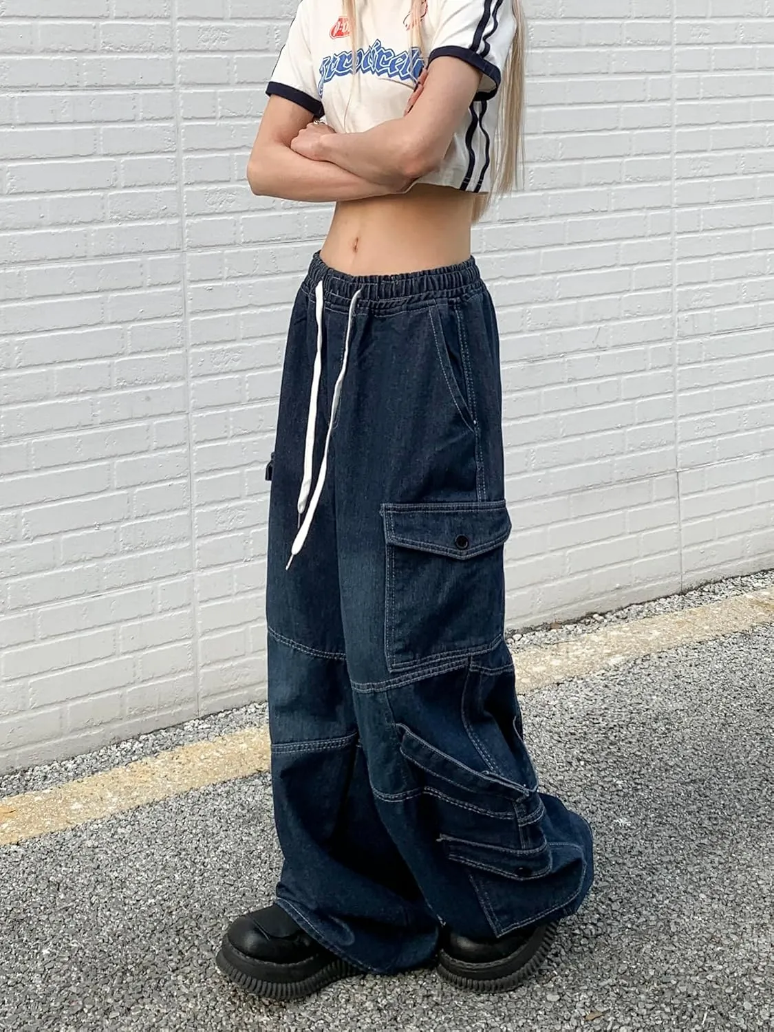 Baggy Jeans for Women High Waist Y2K Boyfriend Casual Loose Wide Leg Drawstring Cargo Pants with Pockets