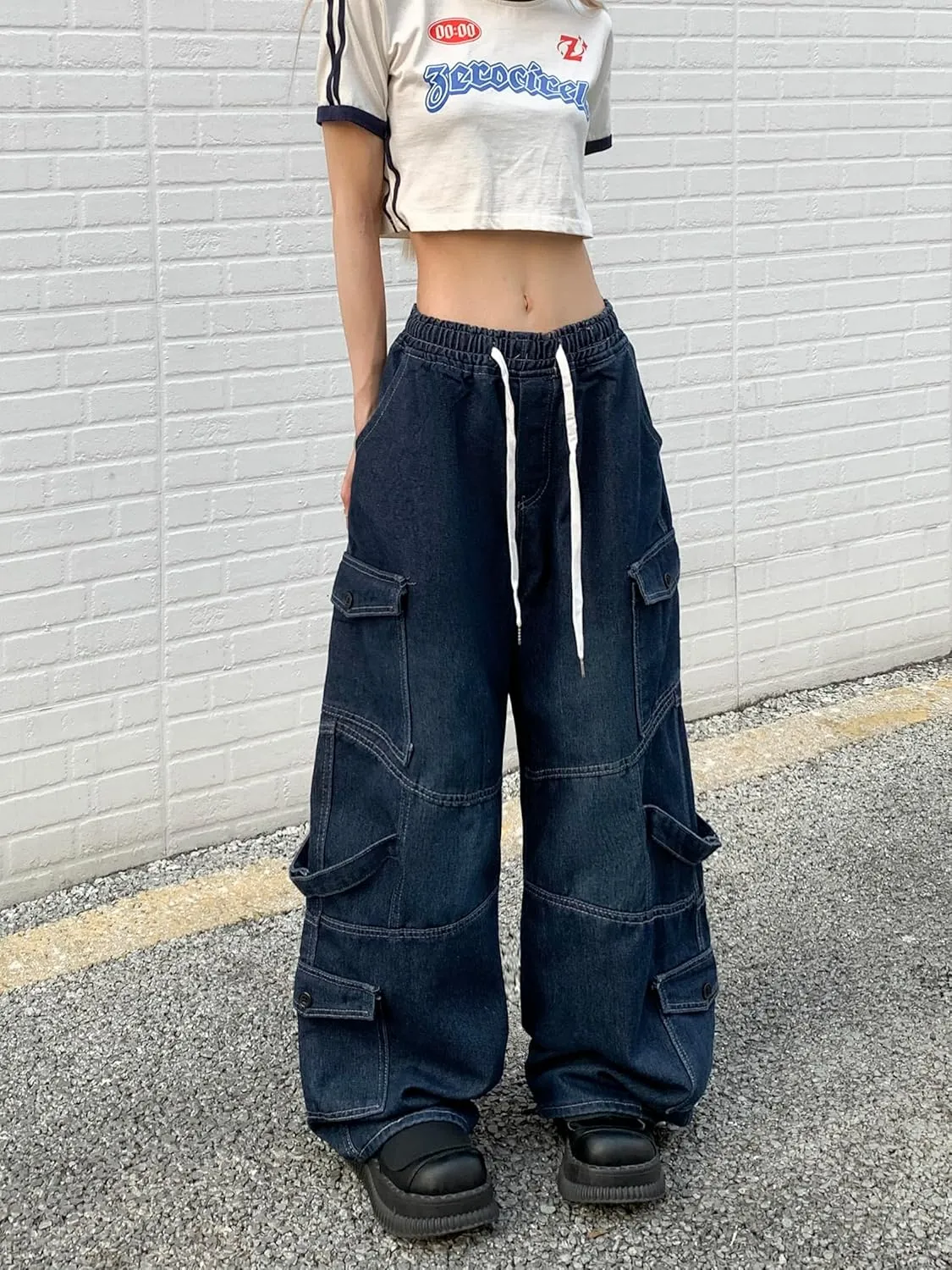 Baggy Jeans for Women High Waist Y2K Boyfriend Casual Loose Wide Leg Drawstring Cargo Pants with Pockets