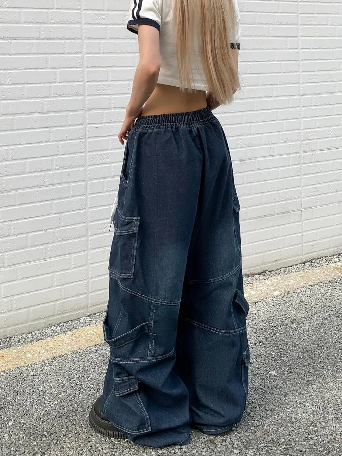 Baggy Jeans for Women High Waist Y2K Boyfriend Casual Loose Wide Leg Drawstring Cargo Pants with Pockets