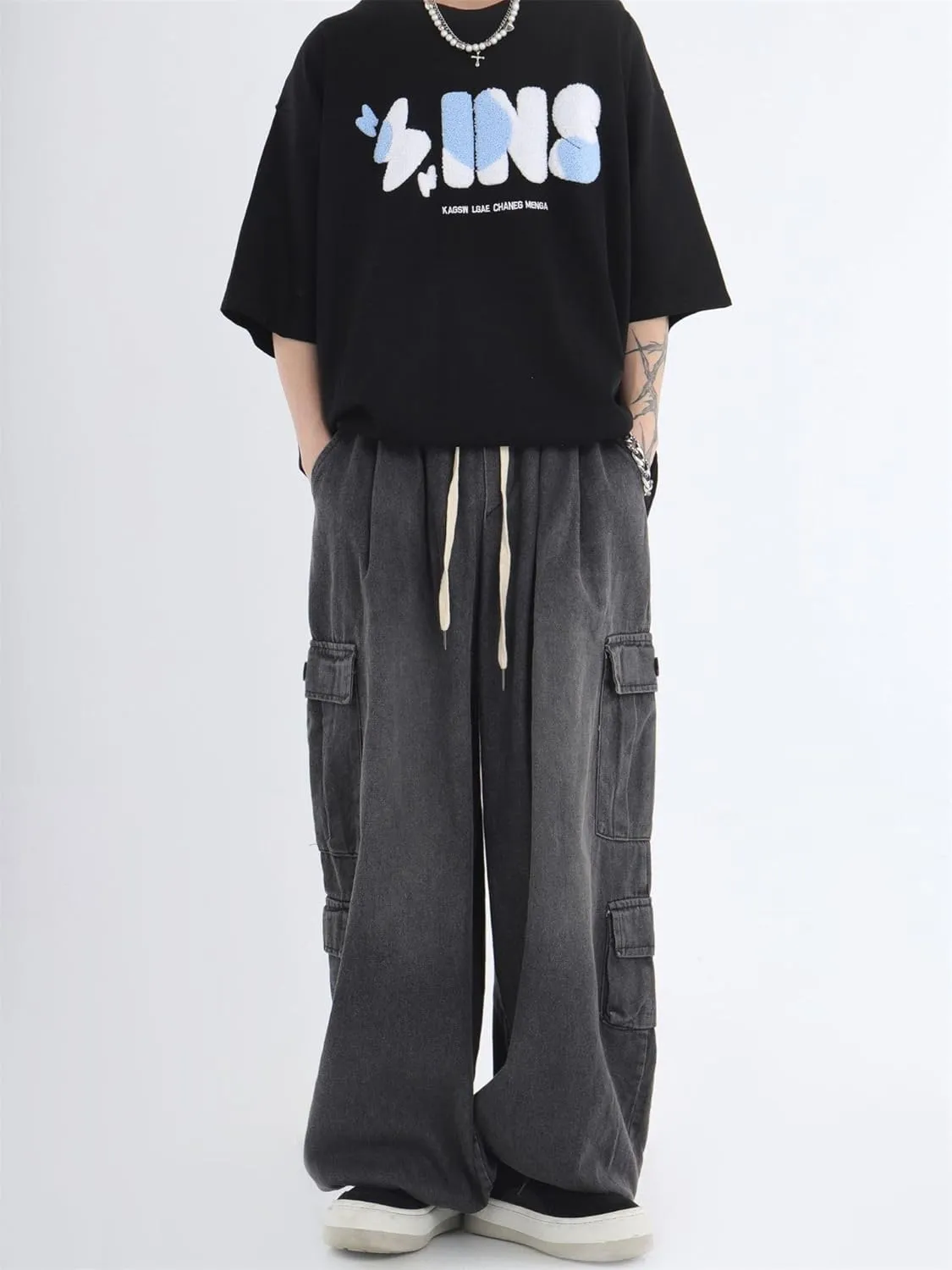 Baggy Jeans for Women Mens Grunge Wide Leg Cargo Jeans Y2K Emo Pants Parachute Streetwear Vintage Drawstring Pants