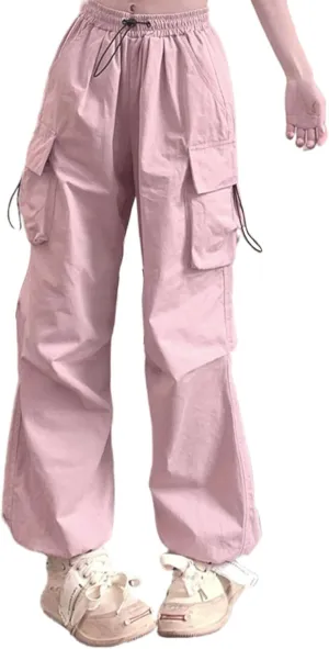 Baggy Parachute Pants for Women Drawstring Elastic High Waist Hip Hop Cargo Pants Multiple Pockets Jogger Y2K Pants