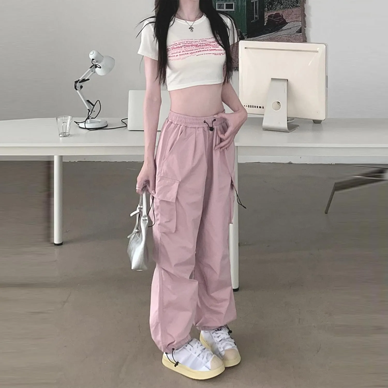 Baggy Parachute Pants for Women Drawstring Elastic High Waist Hip Hop Cargo Pants Multiple Pockets Jogger Y2K Pants