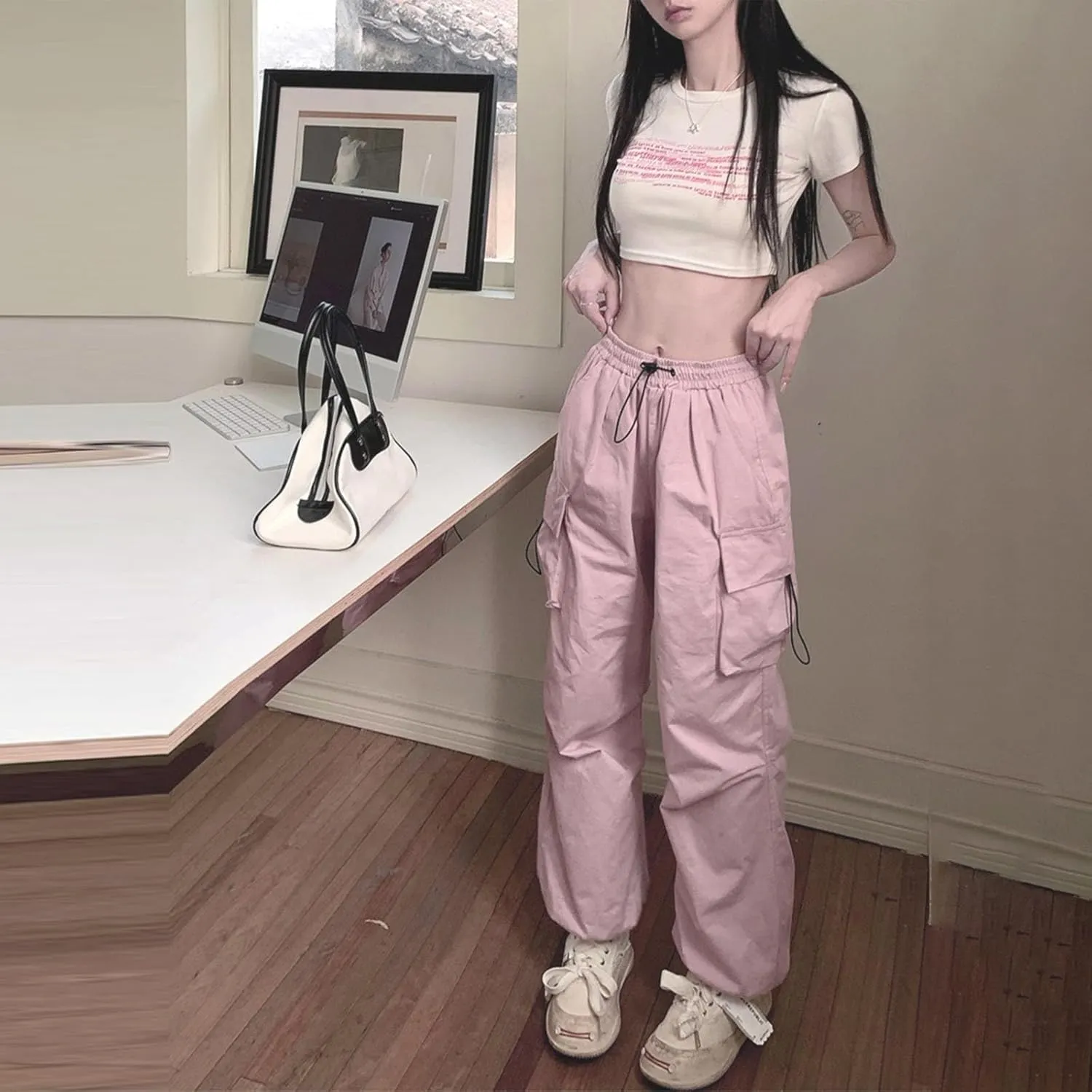 Baggy Parachute Pants for Women Drawstring Elastic High Waist Hip Hop Cargo Pants Multiple Pockets Jogger Y2K Pants