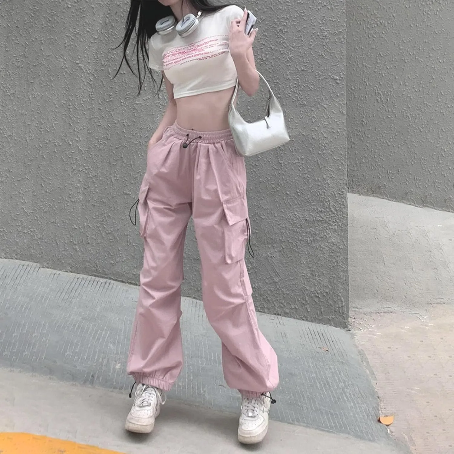Baggy Parachute Pants for Women Drawstring Elastic High Waist Hip Hop Cargo Pants Multiple Pockets Jogger Y2K Pants