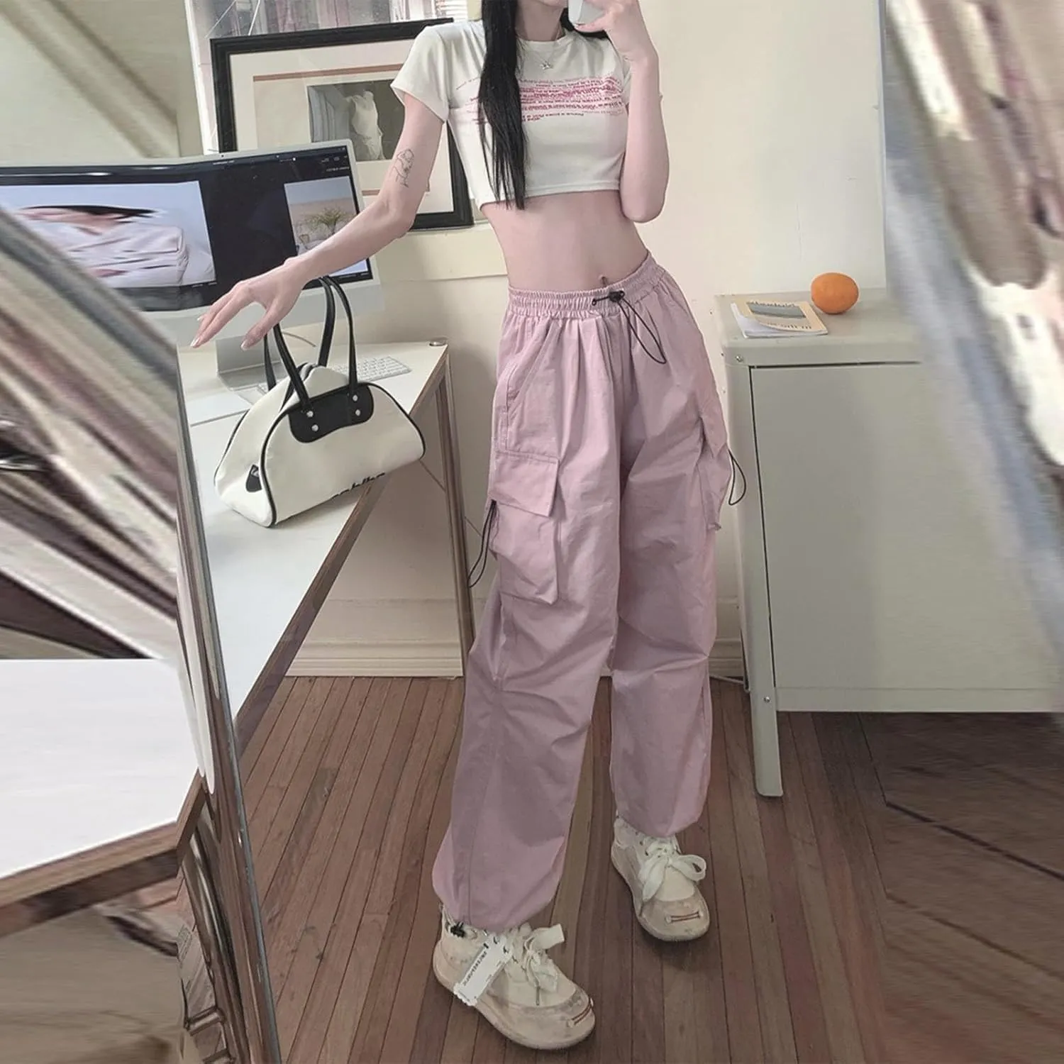Baggy Parachute Pants for Women Drawstring Elastic High Waist Hip Hop Cargo Pants Multiple Pockets Jogger Y2K Pants