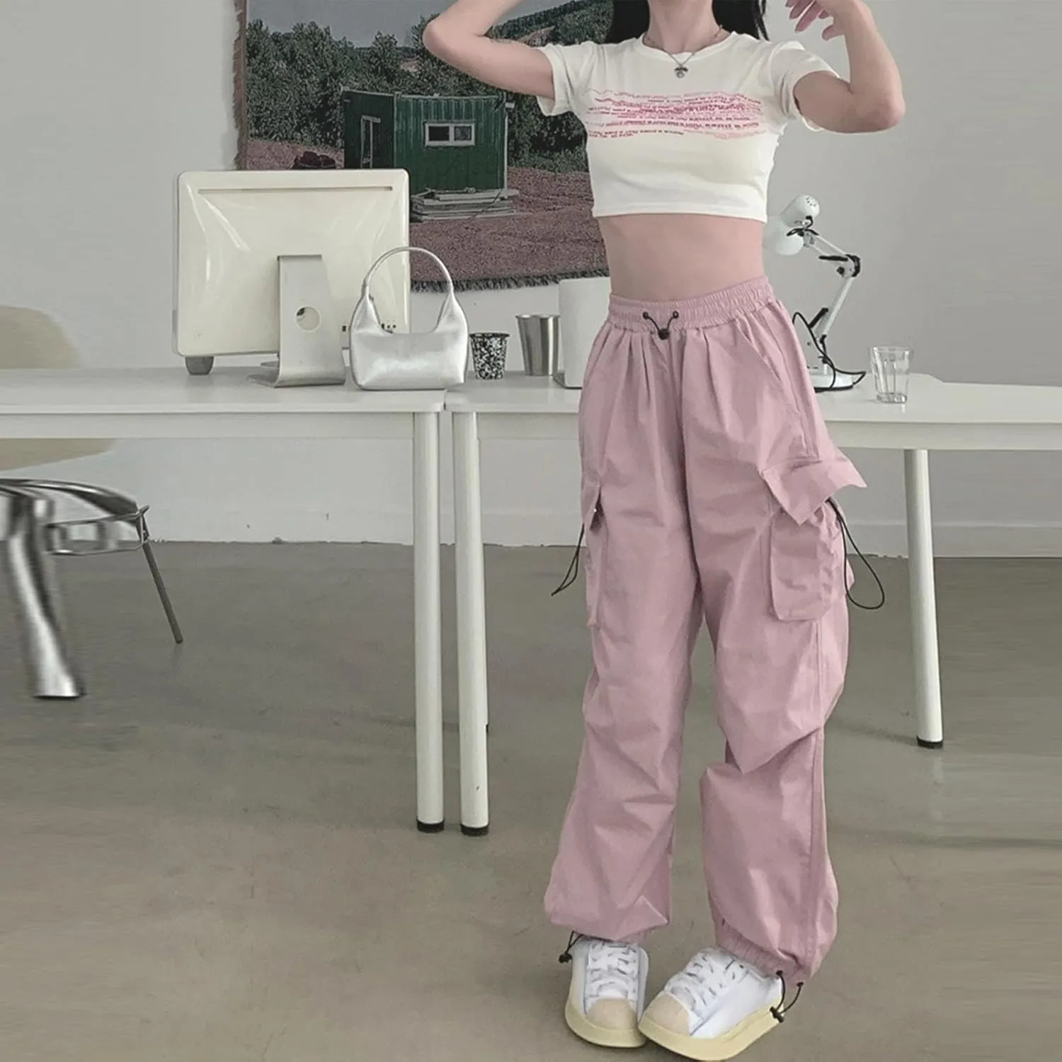 Baggy Parachute Pants for Women Drawstring Elastic High Waist Hip Hop Cargo Pants Multiple Pockets Jogger Y2K Pants
