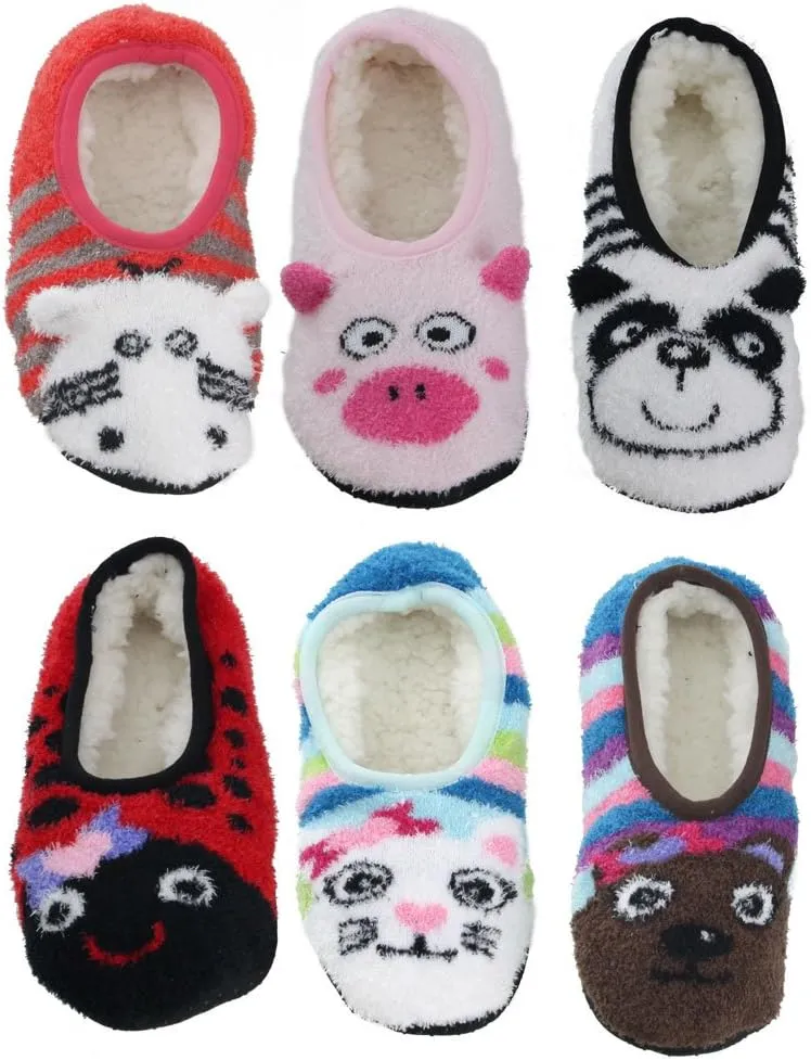 BambooMN Kid/Youth Warm Microfiber Travel Animal Cozy Fuzzy Slippers Non-Slip Lined Socks/Shoes, 3 Pairs