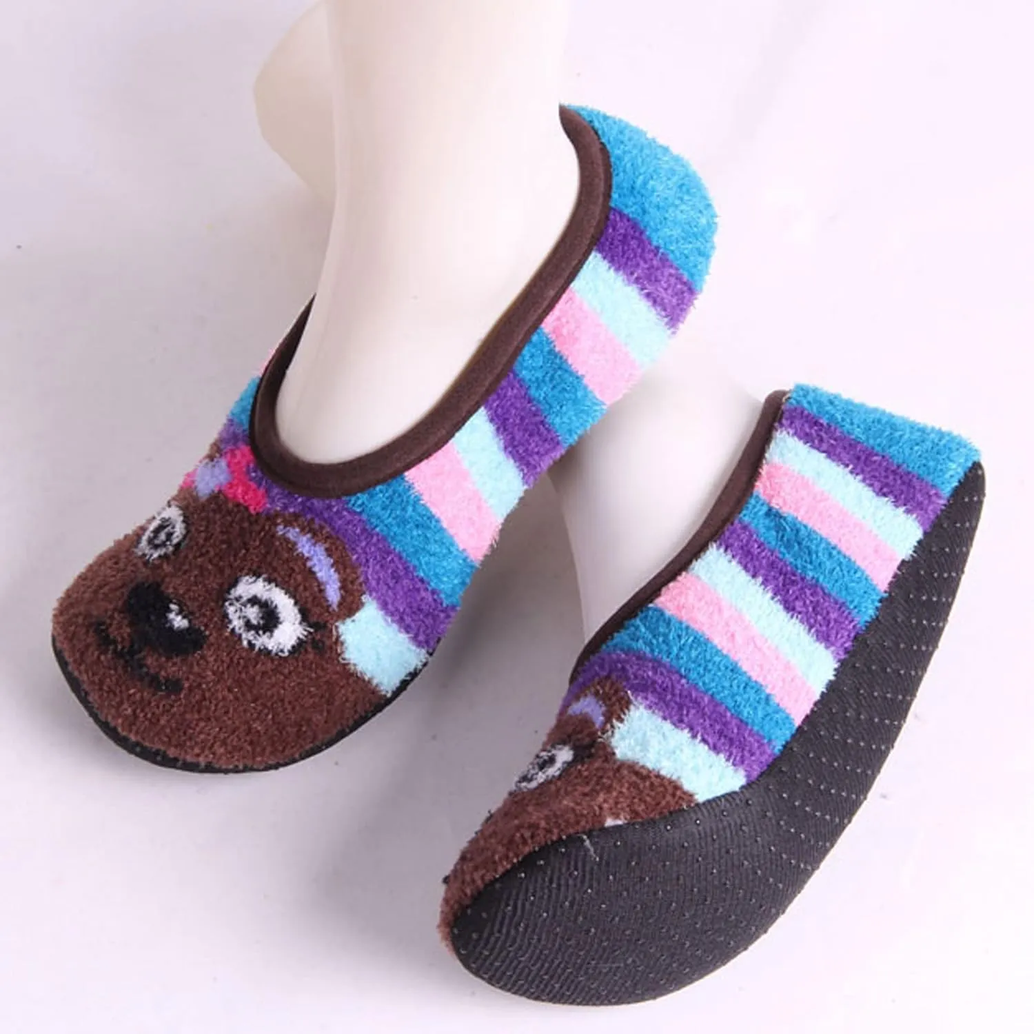 BambooMN Kid/Youth Warm Microfiber Travel Animal Cozy Fuzzy Slippers Non-Slip Lined Socks/Shoes, 3 Pairs