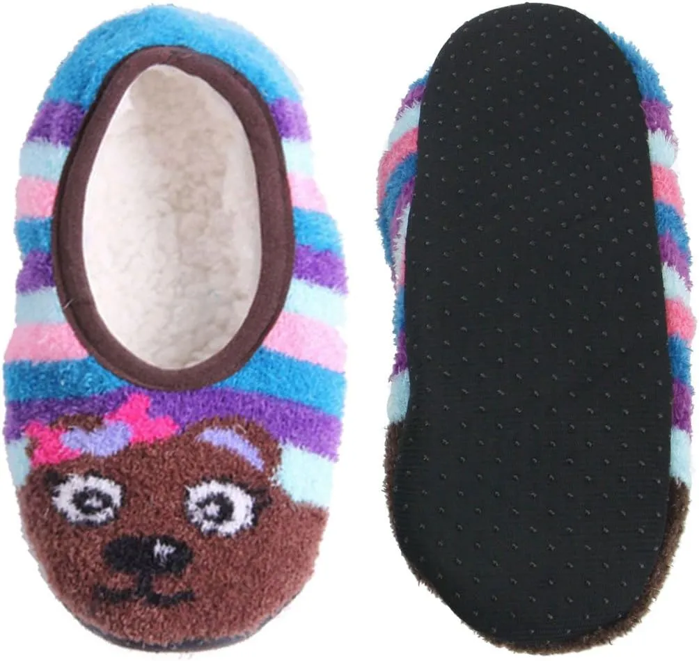 BambooMN Kid/Youth Warm Microfiber Travel Animal Cozy Fuzzy Slippers Non-Slip Lined Socks/Shoes, 3 Pairs