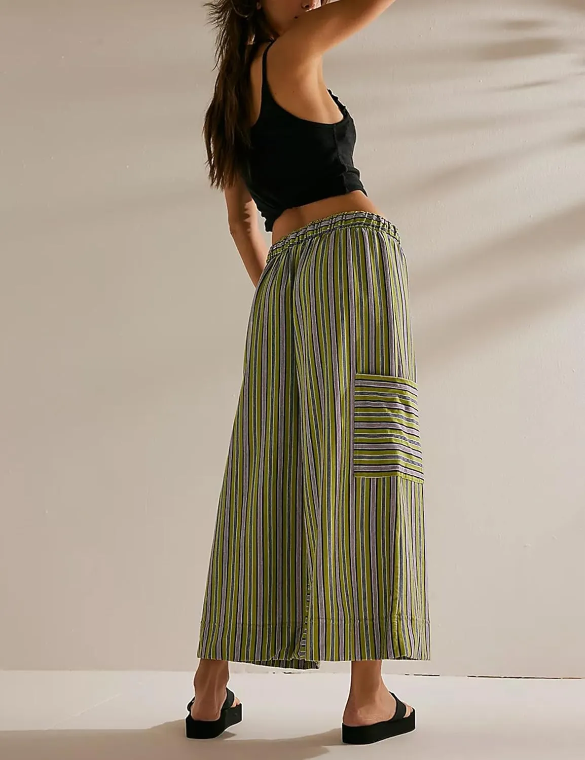 Bankeng Women Drawstring Striped Pants Loose Wide Leg Lounge Pants Casual Palazzo Pants Trousers with Pockets