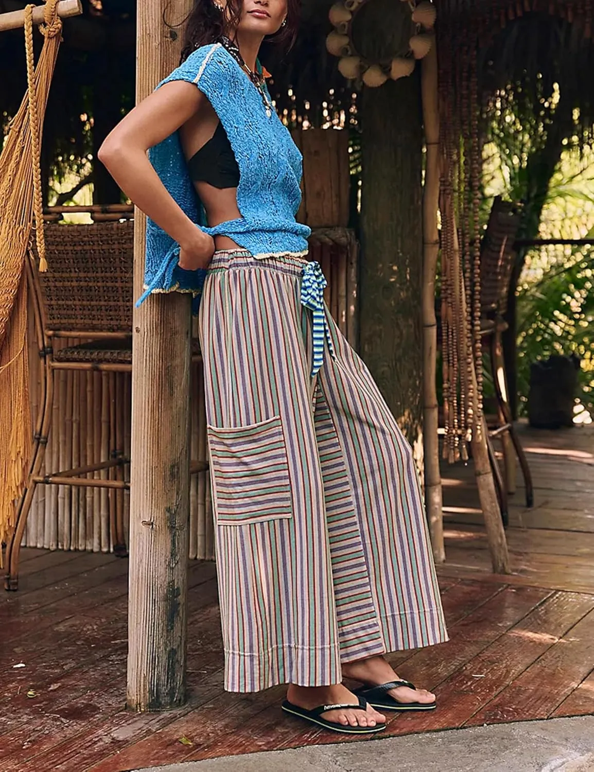 Bankeng Women Drawstring Striped Pants Loose Wide Leg Lounge Pants Casual Palazzo Pants Trousers with Pockets