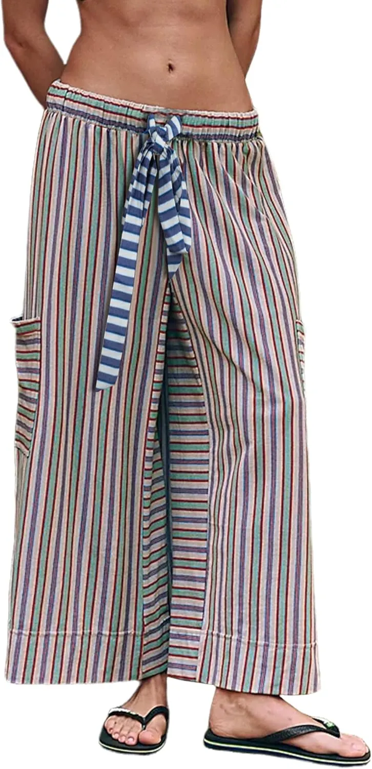 Bankeng Women Drawstring Striped Pants Loose Wide Leg Lounge Pants Casual Palazzo Pants Trousers with Pockets