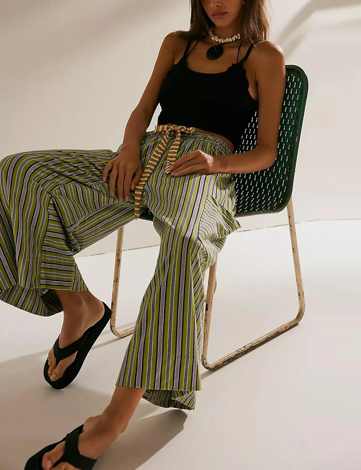Bankeng Women Drawstring Striped Pants Loose Wide Leg Lounge Pants Casual Palazzo Pants Trousers with Pockets