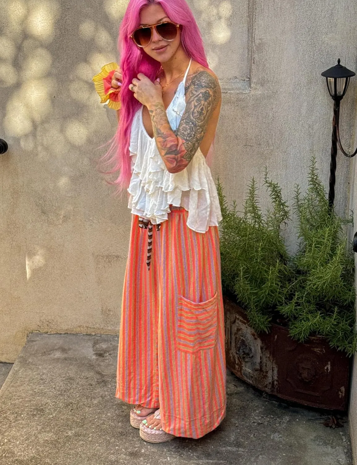 Bankeng Women Drawstring Striped Pants Loose Wide Leg Lounge Pants Casual Palazzo Pants Trousers with Pockets