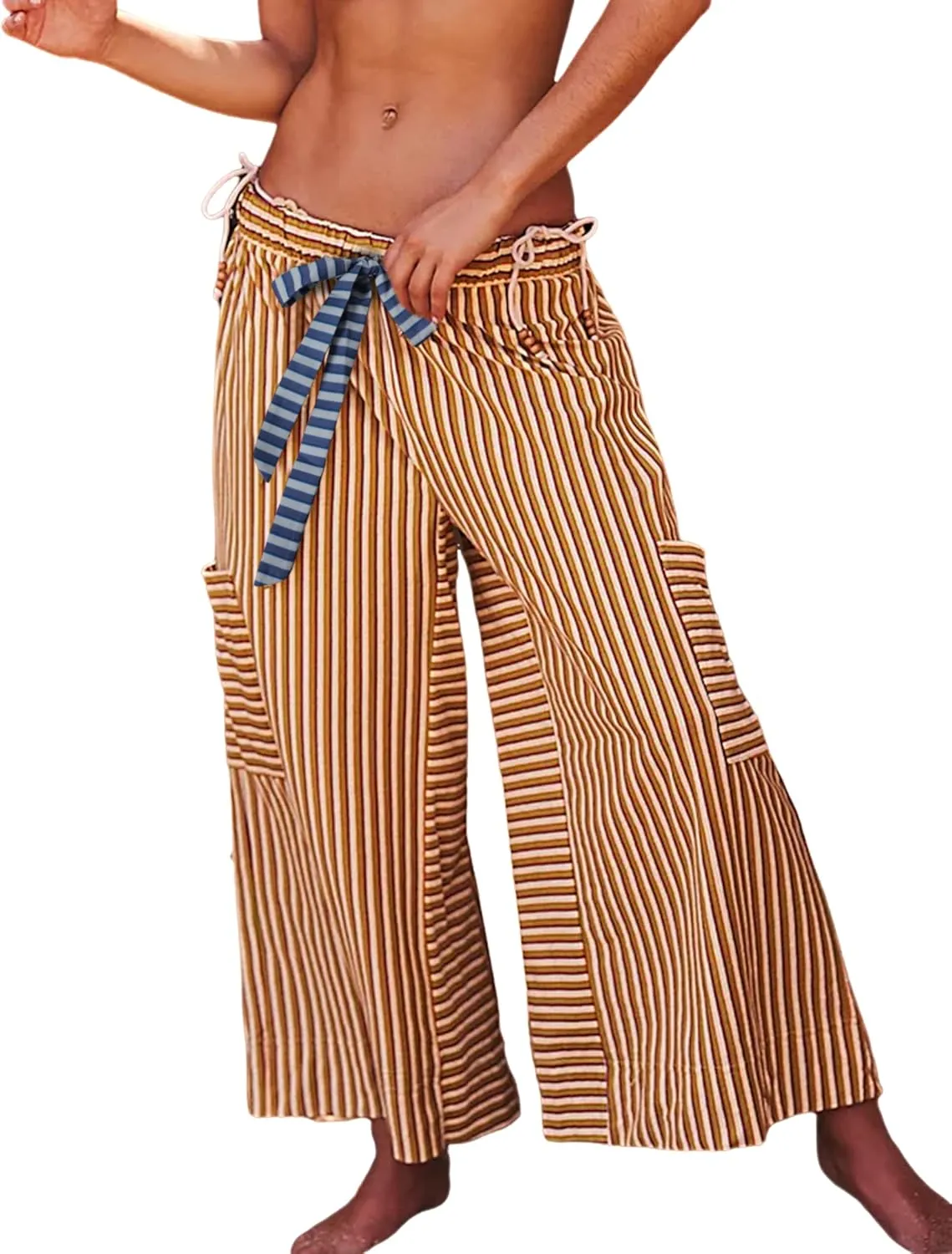 Bankeng Women Drawstring Striped Pants Loose Wide Leg Lounge Pants Casual Palazzo Pants Trousers with Pockets